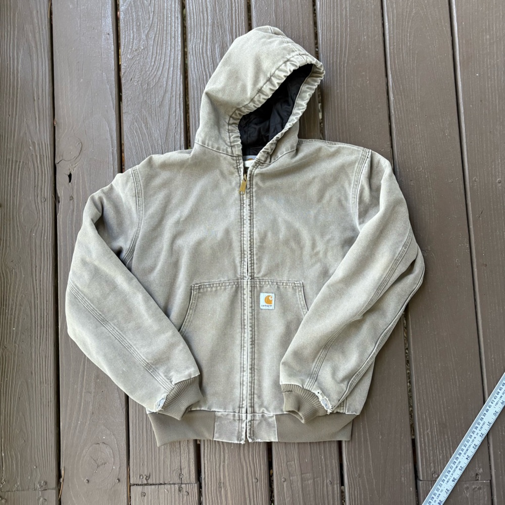 Carhartt Y06DES Vintage 90s Grey Tan Canvas Zip Workwear Jacket Coat Youth XL